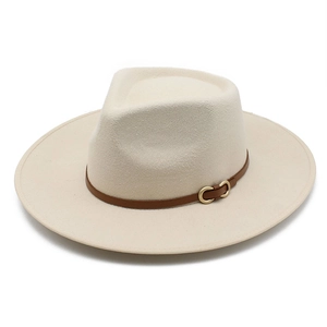 Detailed texture of beige wool fedora featuring a brown leather band and gold metal buckle