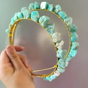 Handmade golden double-layered headband with raw light blue-green crystals