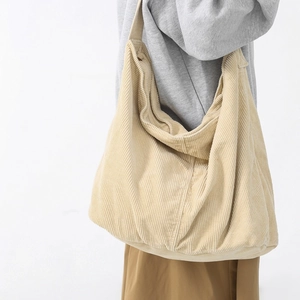 Corduroy Hobo Bag Women Large Capacity Crossbody Shoulder Tote Zipper Closure Solid Color Casual Japanese Style
