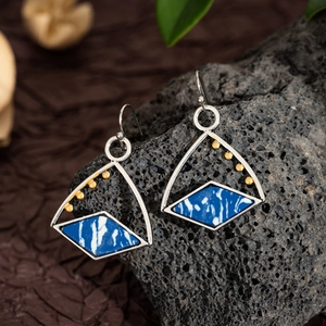 Bohemian lapis lazuli earrings with blue marble stone and silver geometric frames