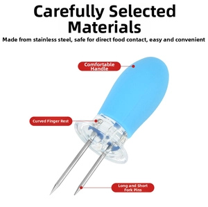 Detail view of food-grade stainless steel corn holders with blue ergonomic handles