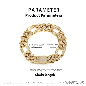Detailed specs for gold stainless steel hip hop chain with rhinestones, 215x20mm size