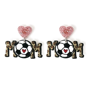 Detail of MOM letter earrings with leopard print, soccer ball motif and pink glitter heart