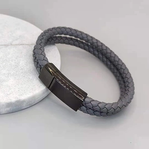 Double-layer braided leather bracelet in grey with black magnetic stainless steel clasp