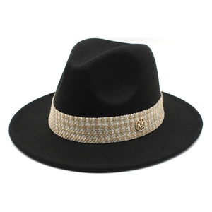 Classic black wool fedora hat featuring a woven band and a gold M-letter logo