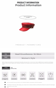 Detailed size chart for women's red flat-top cap with 56-58cm head circumference info