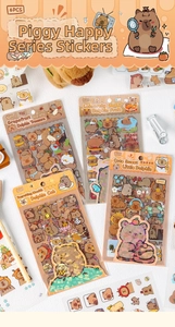 Detailed view of Capybara waterproof PET sticker packs featuring 6 unique sheets per set