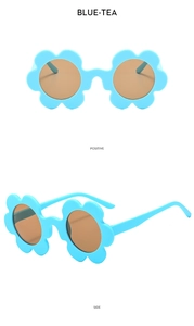 Detail view of flower-shaped children's sunglasses in blue and tea color from multiple angles