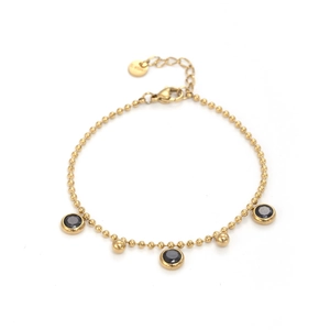 Bracelet rétro en acier inoxydable doré avec chaîne à billes et trois zircons noirs