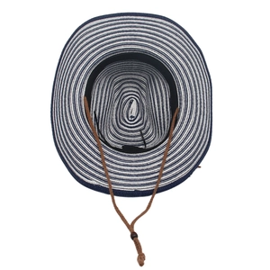 Detail of striped woven cowboy hat showing inner sweatband and adjustable brown chin strap