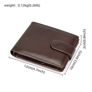 Brown genuine leather wallet dimensions 12x10x2cm weighing 0.12kg with snap closure