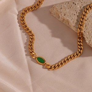 18K gold plated 6.3mm Cuban chain necklace with green oval pendant on pink silk