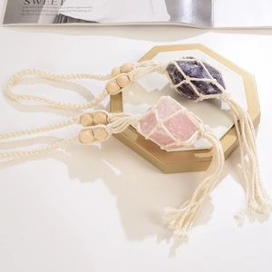 Natural Raw Crystal Stone Hanging Ornament Hand-Woven Macrame Net Car Interior Decoration Boho Home Decor With Wood Beads