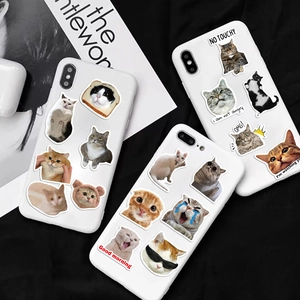 Funny cat stickers applied on three white phone cases with artistic magazine background