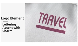 Detail of high-density gray nylon travel bag featuring the purple TRAVEL logo printing