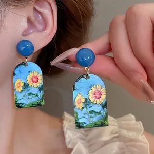 Artistic French oil painting sunflower drop earrings with blue studs for women