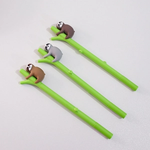 Three green sloth-shaped pens in brown and grey colors displayed on a light background