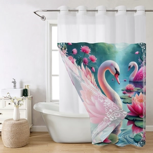 Close-up of waterproof shower curtain featuring pink swans, lotus pond and silver rings
