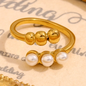 Adjustable Open Ring Stainless Steel 18K Gold Plated Faux Artificial Pearl Geometric Beads French Style For Women
