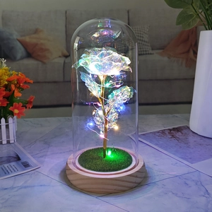 Close-up of gold foil rose in glass dome with colorful LED fairy lights and wooden base
