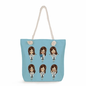 Light blue canvas tote bag with cartoon nurse print and white cotton rope handles