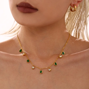 18k gold plated stainless steel necklace with green water drop tassels and earrings