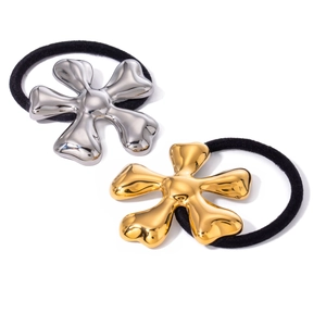 Set of 18k gold and silver liquid metal flower hair ties on elastic black bands