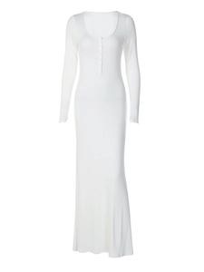 Robe longue blanche ajustée à manches longues avec décolleté en U boutonné et stretch