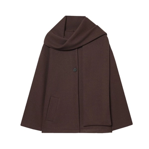 Damen Kurzmantel in Dunkelbraun mit integriertem Schal und einreihigem Design