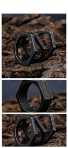 Macro detail of industrial style hexagonal nut rings with distressed metal finish