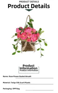 Close-up of rose basket wreath made with pink silk flowers and natural dry twigs
