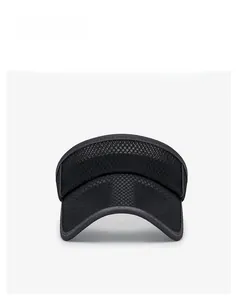 Front view of black sports sun visor made of breathable mesh fabric and long brim