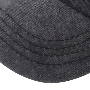 Close-up of four parallel reinforced stitching lines on a black washed cotton cap brim
