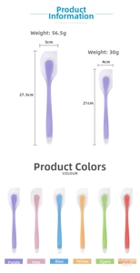 Detailed size and weight infographic for silicone spatulas in six vibrant colors