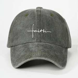 Vintage washed dark grey cotton baseball cap with FAITH embroidery for men and women