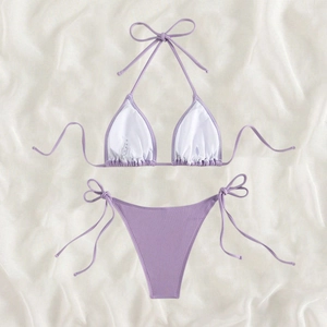 Lavender ribbed tie-front bikini set with halter top and side-tie bottoms in size S