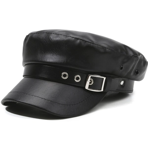 Classic black leather flat top beret hat with decorative silver buckle and strap