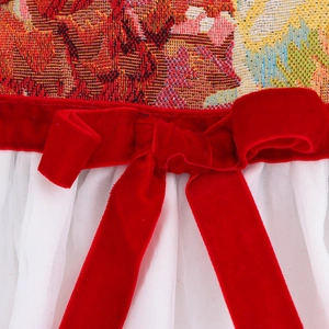 Abito vintage in stile palazzo con jacquard floreale, fiocco di velluto e gonna in tulle