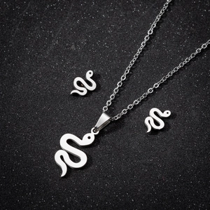 Polished silver stainless steel S-shape snake necklace and earrings jewelry set for women