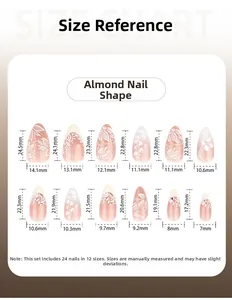 Detailed size chart for almond press-on nails with specific length and width measurements