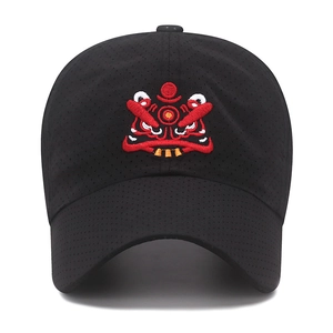 Breathable black mesh baseball cap featuring traditional red Chinese lion dance embroidery