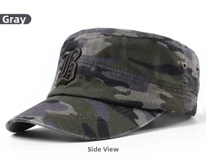 Vista laterale del cappello militare mimetico grigio con ricamo della lettera B