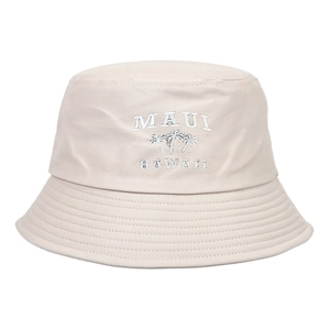 Cappello a secchiello beige Maui Hawaii con ricamo di palme bianche su fondo neutro