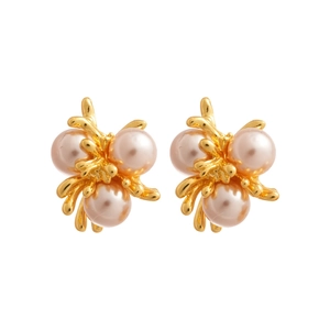 French vintage gold metal ear studs with pink pearls in a coral firework cluster design