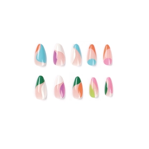 Colorful almond press-on nails with vibrant abstract block patterns and french tips