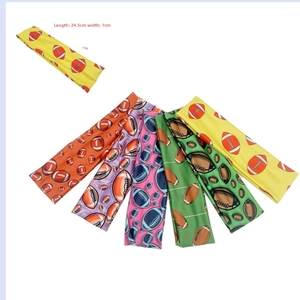 Close-up of elastic rugby themed headbands in five vibrant colors with dimensions detail