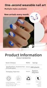 Detailed view of blue wavy stripe press-on nails with 24-piece set packaging specifications