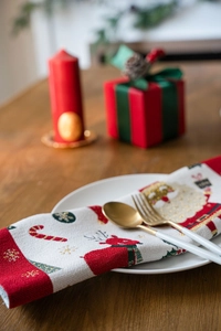 Close-up of a festive red and beige Christmas placemat featuring Santa and reindeer icons