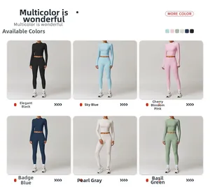 Détail de l'ensemble de yoga taille haute montrant six couleurs et un tissu brossé élastique