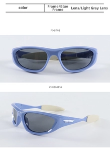 Front and 45-degree angle views of blue frame sports sunglasses with gray lenses